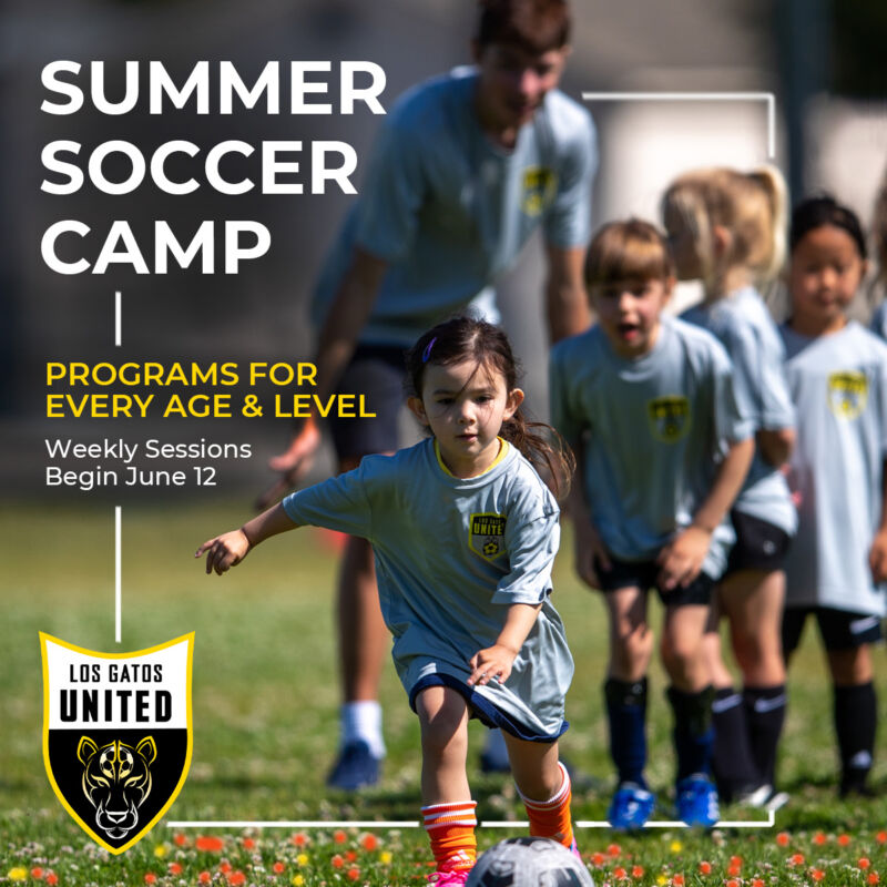Announcing summer camp at Los Gatos United beginning June 12 with young girl dribbling soccer ball competing in a relay race with teammates cheering on.