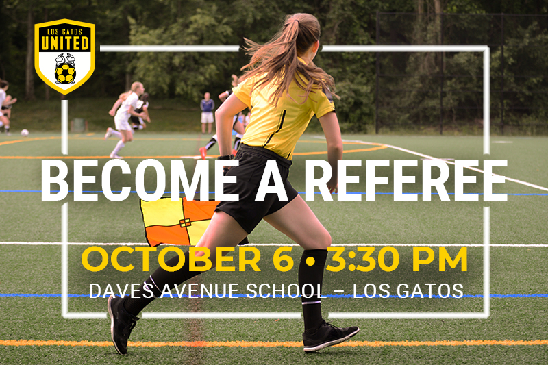 Referee course advertisement showing a young female ref running the sideline.