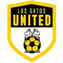 The Los Gatos United Soccer Club shield. The words LOS GATOS are written in all caps across the top, with the word UNITED in larger font all caps just beneath. The entire bottom half is a sketch of two cat like figures standing behind a soccer ball, with one looking right and the other left.