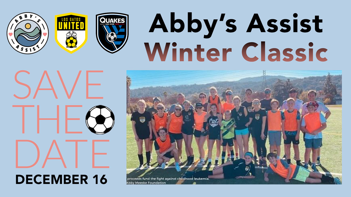 Advertisement for Abby's Assist Winter Classic. In big letters are the words Save the Date December 16 next to a photo of two dozen family members posing on the soccer field after last years event.