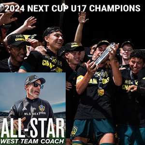U17 LA Galaxy Team holding trophy and celebrating 2024 MLS Next Championship. Also shown is team Coach Shaun Tsakiris.