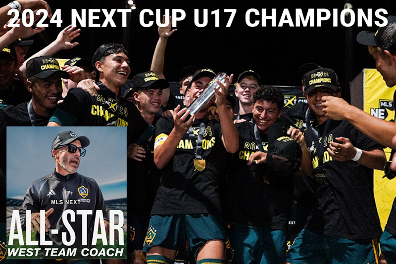 MLS NEXT CUP U17 CHAMPS - Los Gatos United Soccer Club U17 LA Galaxy Team holding trophy and celebrating 2024 MLS Next Championship. Also shown is team Coach Shaun Tsakiris.