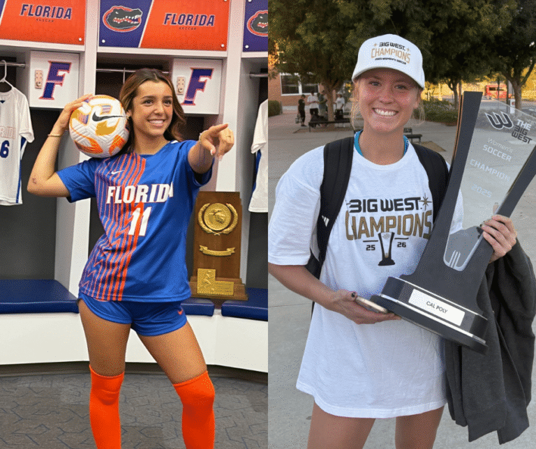 Two collegiate soccer players pictured side by side, one in a Florida uniform and one holding a championship trophy.