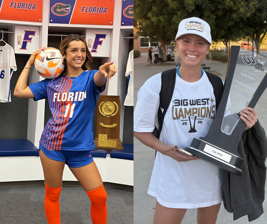 Two collegiate soccer players pictured side by side, one in a Florida uniform and one holding a championship trophy.