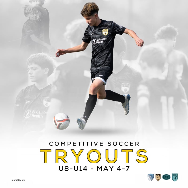 Promotional poster for competitive soccer tryouts (U8–U14) May 4–7 with a player kicking a ball.