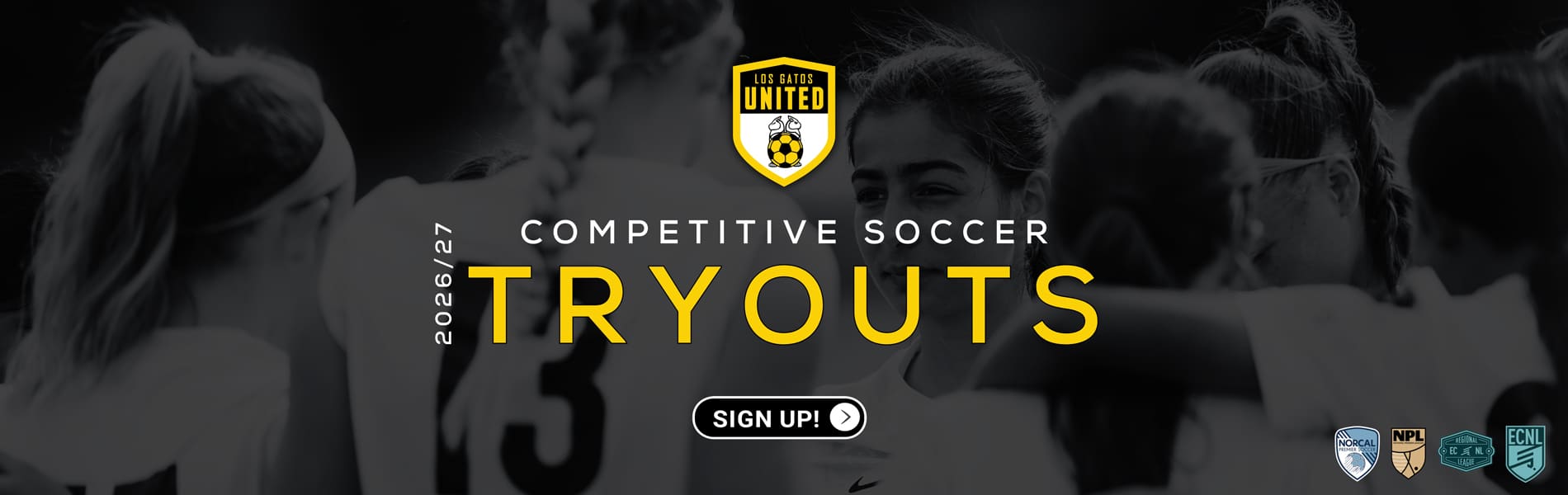 Girls soccer players in a huddle for Los Gatos United tryouts (2026/27).