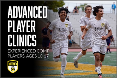 Banner advertising Advanced Player Clinics for experienced competitive youth players ages 10–17, showing three teen soccer players running on a field with a club crest on the left.