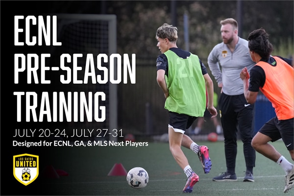 Soccer players in neon training vests practice on a field beside a large banner reading ECNL PRE-SEASON TRAINING with dates July 20-24 and July 27-31, United shield in corner.