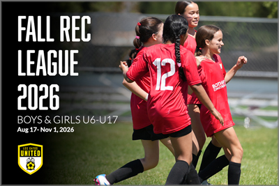 Banner announcing Fall Rec League 2026 for boys and girls U6–U17 (Aug 7–Nov 1, 2026) with a group of girls in red soccer jerseys on a field.