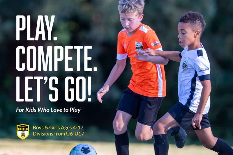 Youth soccer banner: two kids in orange and white uniforms contest a ball on a grassy field; bold text reads 'PLAY. COMPETE. LET'S GO!' with club crest and age groups 4-17 (U6–U17).