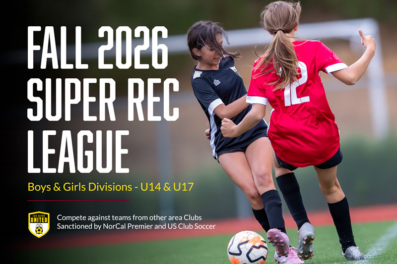 Fall 2026 Super Rec League promo for Boys & Girls Divisions U14 & U17, two girls playing soccer on a field