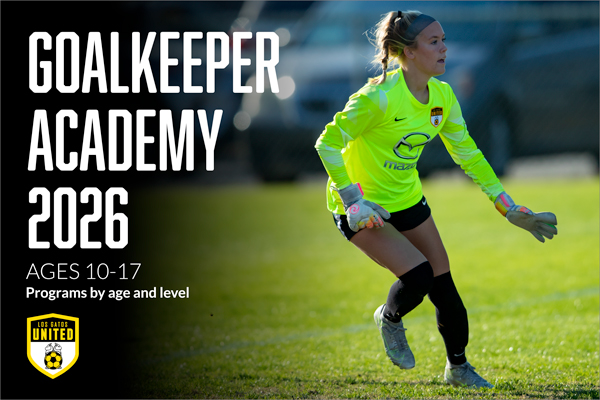 Promotional banner for Goalkeeper Academy 2026 for ages 10–17; a female goalkeeper in a bright neon jersey on a sunny soccer field with a team crest.”