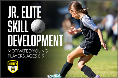 Banner for Jr. Elite Skill Development showing a young girl soccer player kicking a ball on a sunny field.