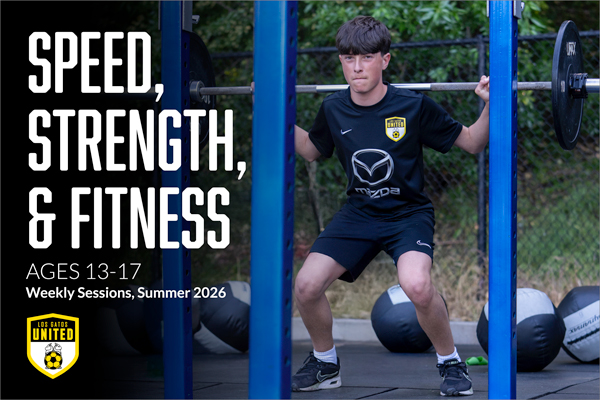 Young male athlete squats with a barbell in a gym setting, promoting a Speed, Strength, & Fitness program for ages 13–17 (Summer 2026).