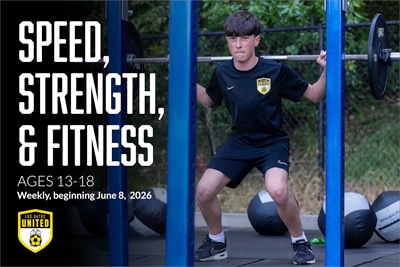 Poster for Speed, Strength, & Fitness for ages 13–18 starting June 8, 2026, with a teen squatting at an outdoor gym.