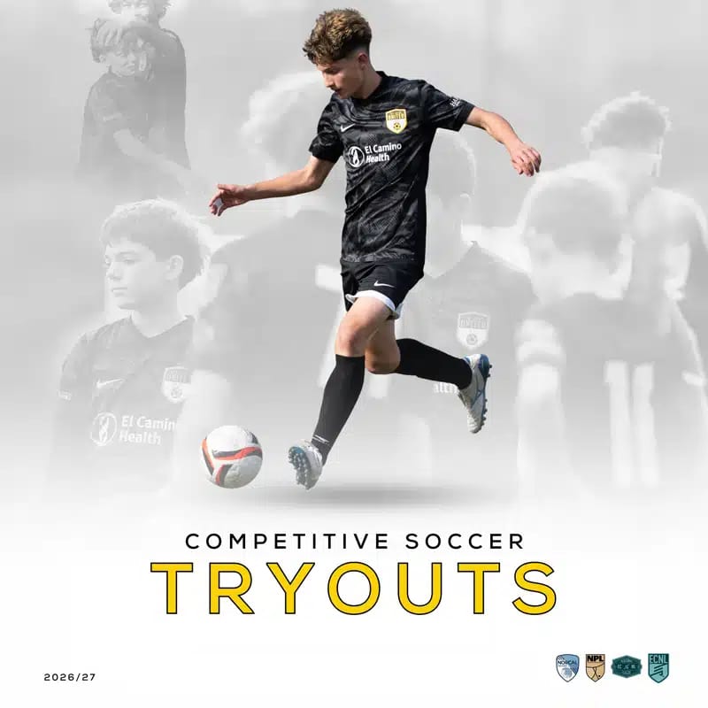 Soccer player in a black uniform kicking a ball, advertising competitive soccer tryouts (2026/27).