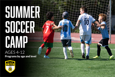 Banner showing children playing soccer on a turf field; left side text reads 'SUMMER SOCCER CAMP' and 'AGES 4-12', with a small United logo at the bottom left.