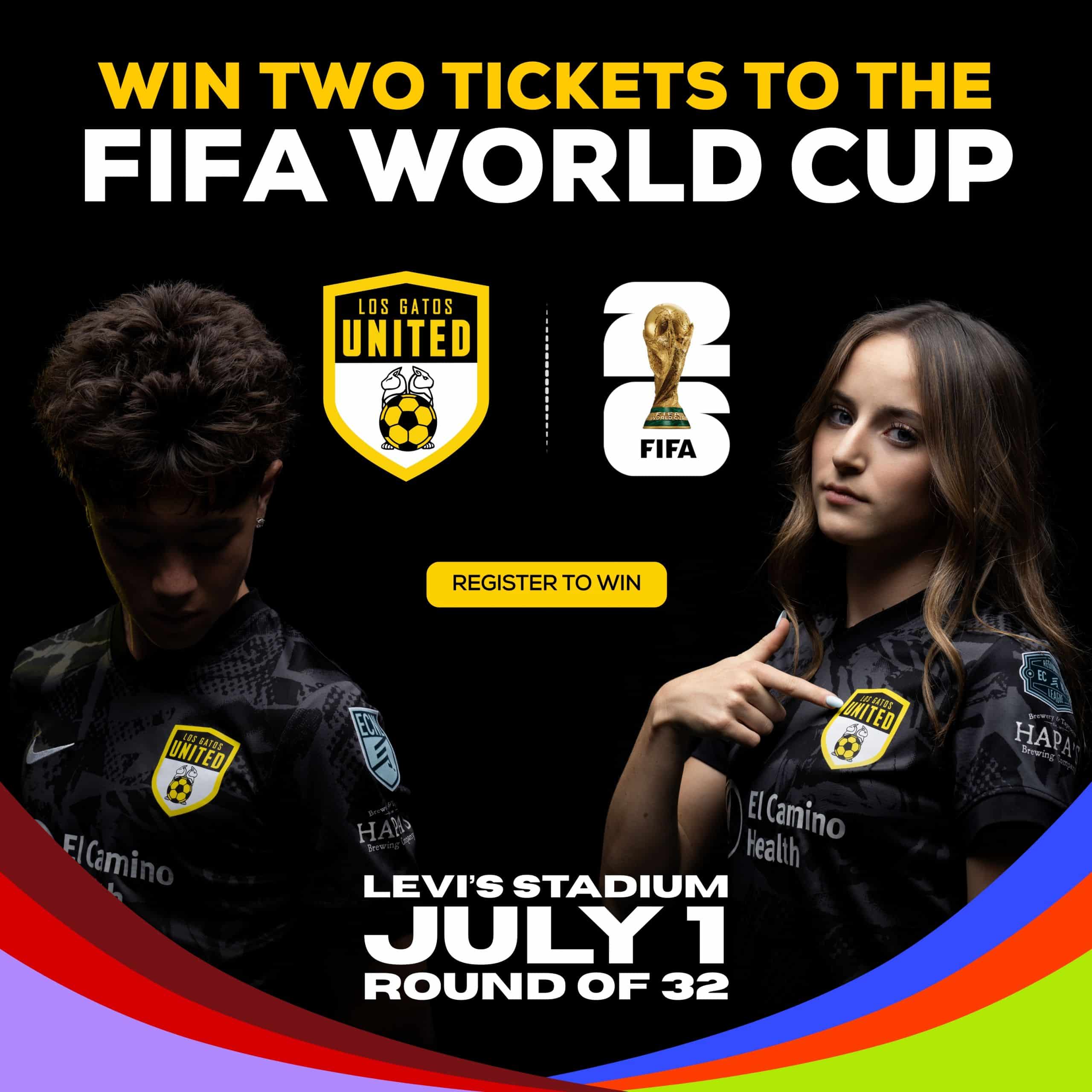 Promotional banner offering a chance to win two FIFA World Cup tickets; features logos, a trophy, and a yellow Register to Win button on a black background with a rainbow border.
