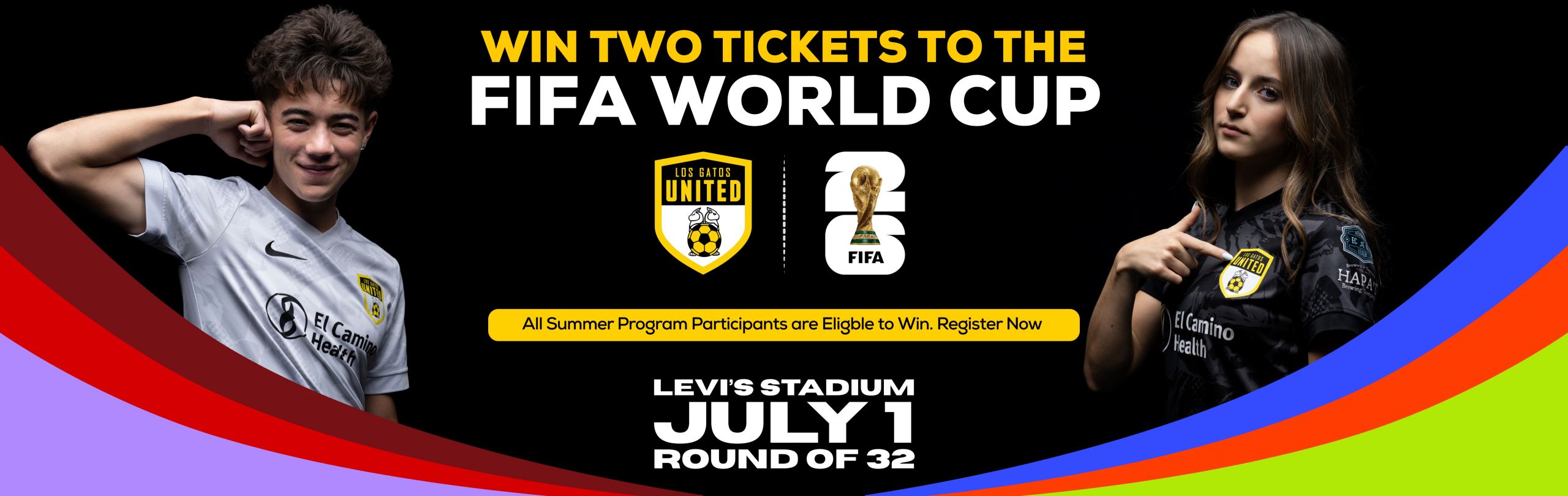 Promo banner inviting viewers to win two FIFA World Cup tickets, featuring two players, team logos, and Levi's Stadium signage for July 1 Round of 32.