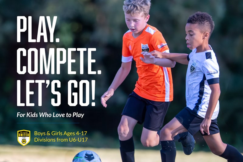 Two young boys in orange and white soccer kits play on a field as bold white text reads, 'PLAY. COMPETE. LET'S GO!'—promo banner for kids' soccer.