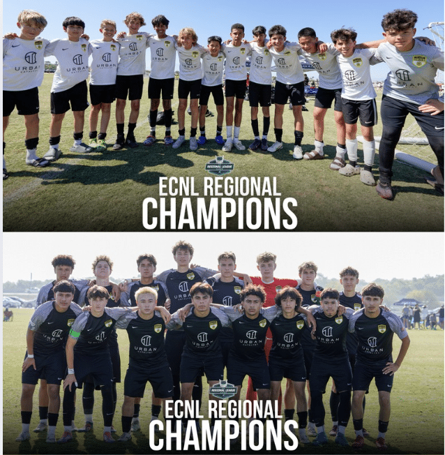 Two boys’ soccer team photographs stacked vertically, each labeled ECNL Regional Champions.
