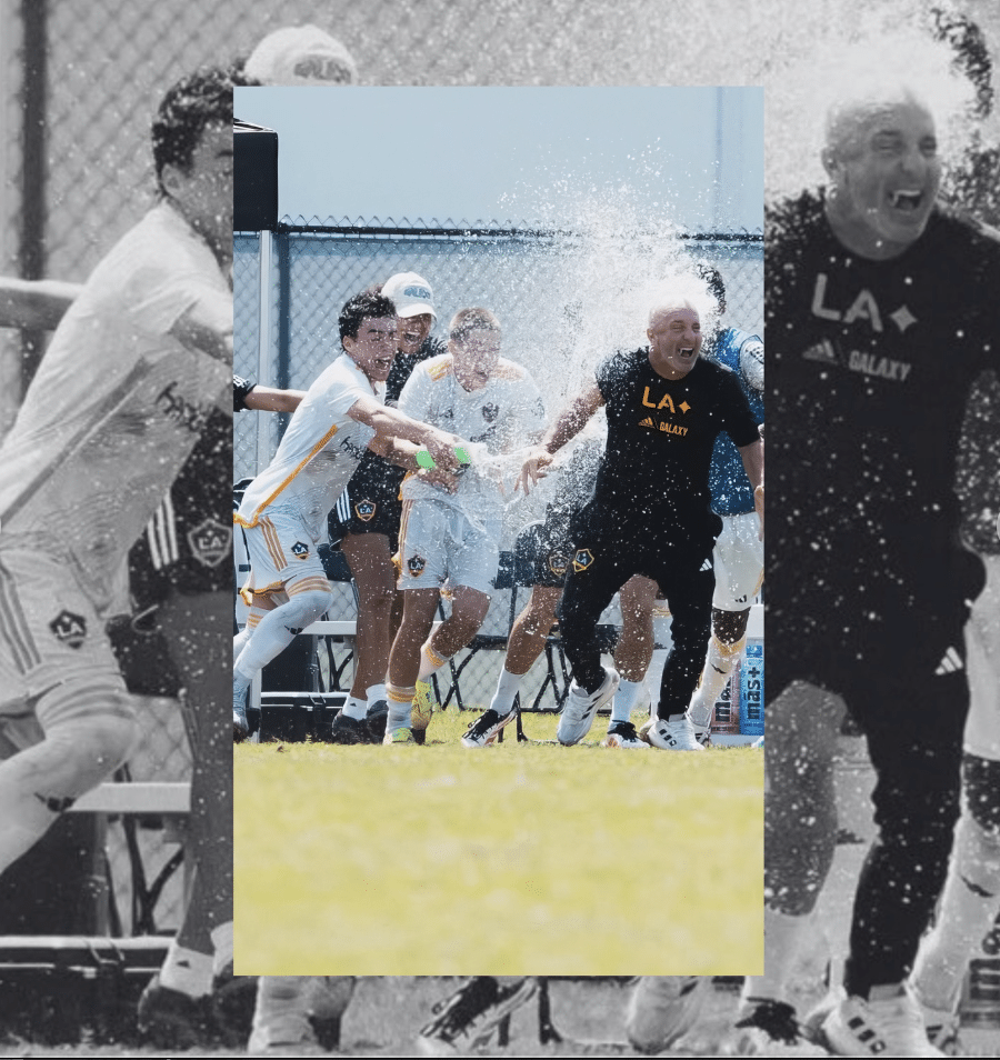 On-field soccer celebration shown in a color photograph over a grayscale photo background.
